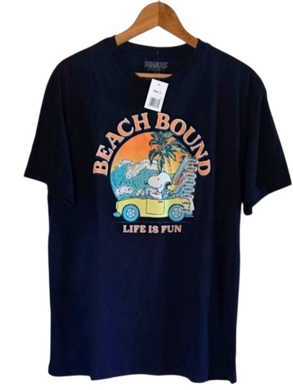 Peanuts Snoopy & Woodstock Unisex Woman or Mens Beach Bound Navy Graphic Shirt